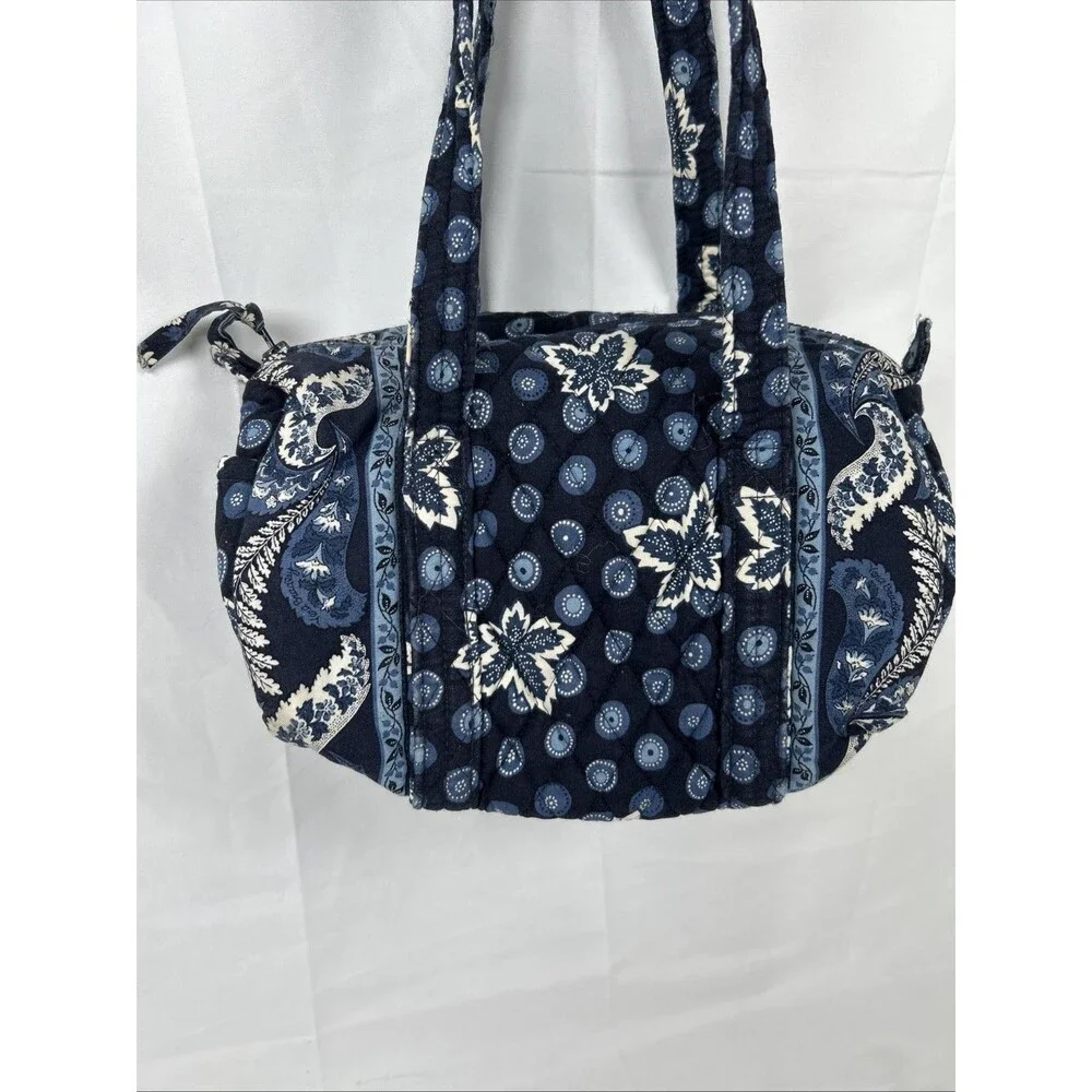 Vtg Vera Bradley Small Blue Duffel Bag Quilted Made in USA Leaf Paisley White